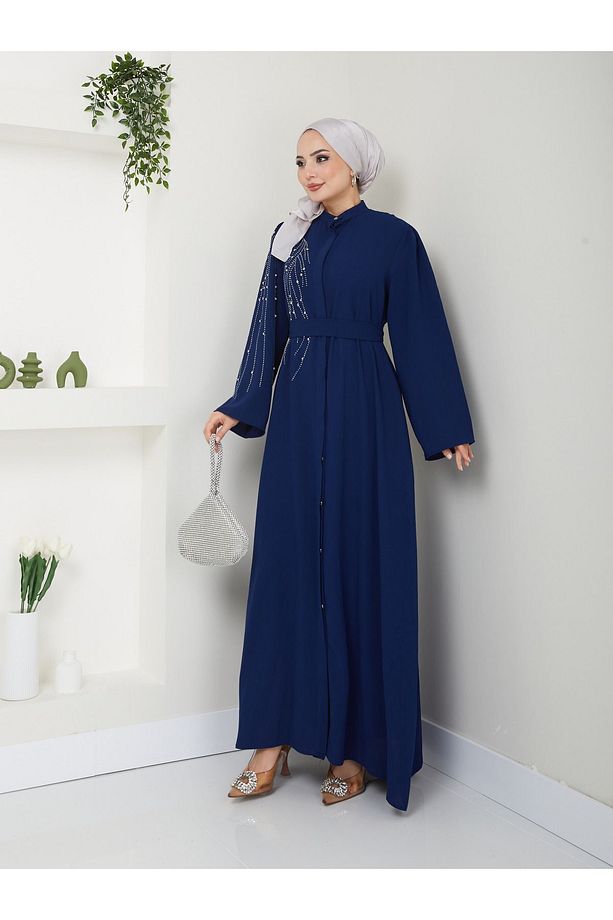 10 NUMARA MODA  Tesettür Giyim Kadın Ön ve kol Taşlı detaylar Ferace Elbise 10NMR4004 - 6