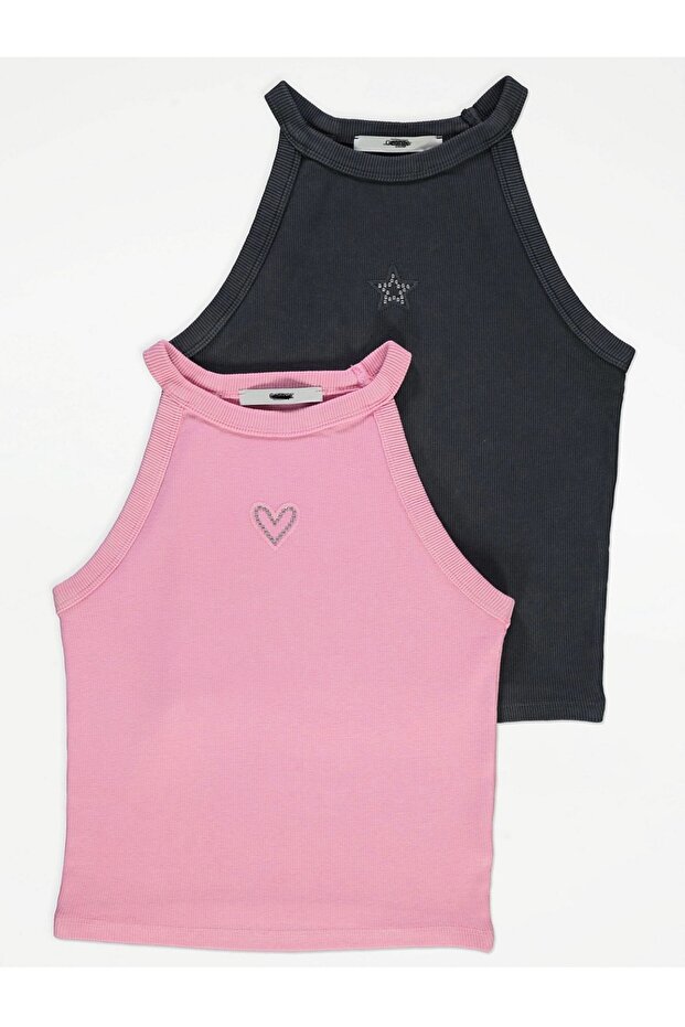Washed Grooved Heart Hanging Neck Vest Top 2 Ki