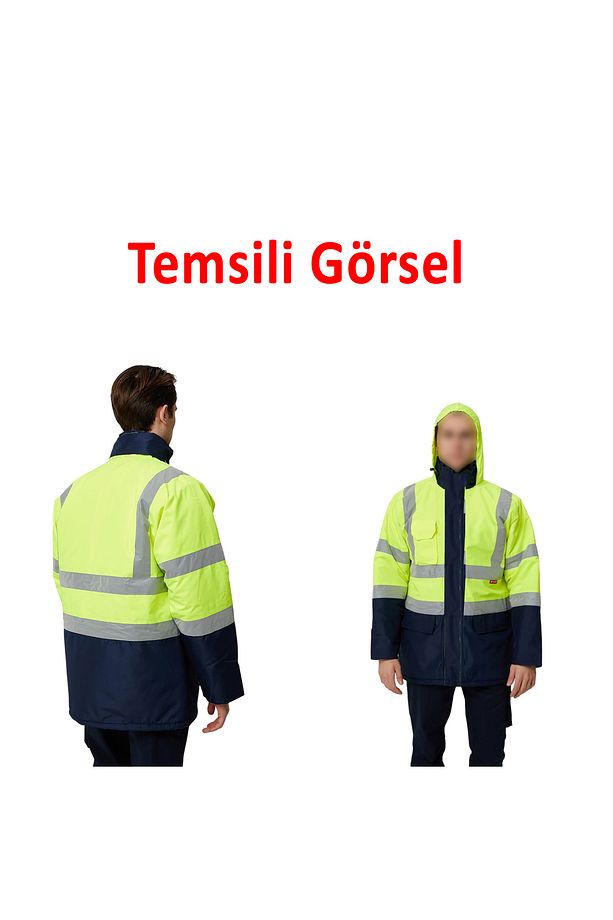 Cepli Reflektif Fosforlu Fermuarlı Kaban Kapüşonlu Mont Parka Sarı Lacivert Kaban Işçi Parkası - 4