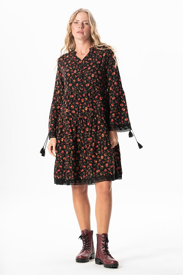 Long Sleeve Select Flannel Autumn and Winter Short Dress Rose Pattern Black Syh