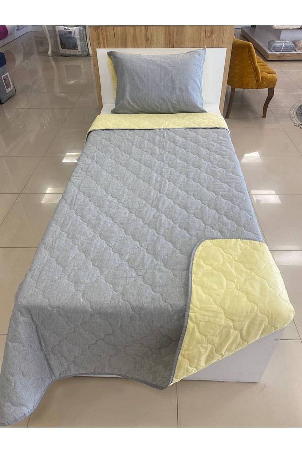 Tek Kişilik Kapitoneli Çift Taraflı Yatak Örtüsü Takımı Genç Çocuk Odası Yatak Örtüsü Gri - Sarı - 5