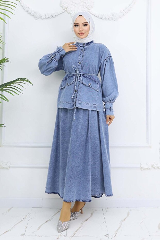 Lace-Up Denim Skirt Suit Blue 6090
