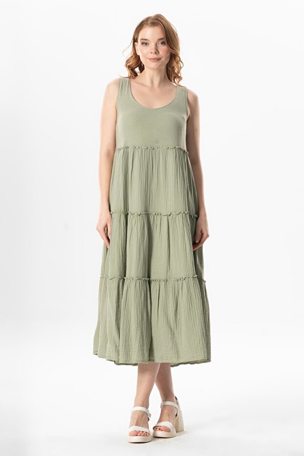 Sleeveless Artemis Oval Collar Star Printed Midi Length Muslin Summer Dress Olive Green Zytnysl