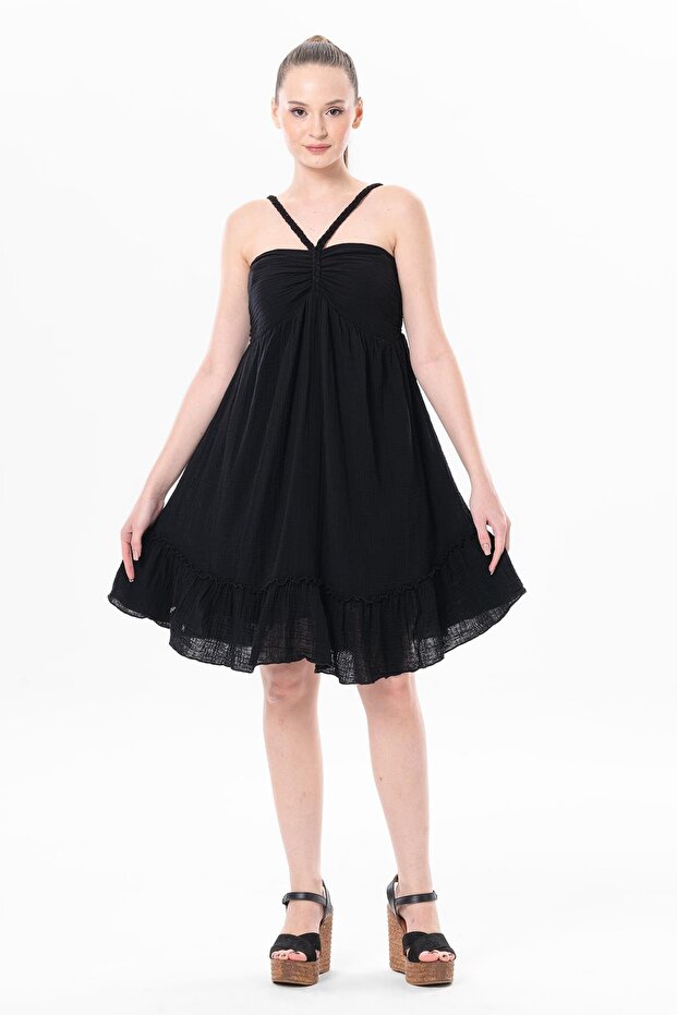 Alanya Halter Neck Short Summer Muslin Dress Black Black