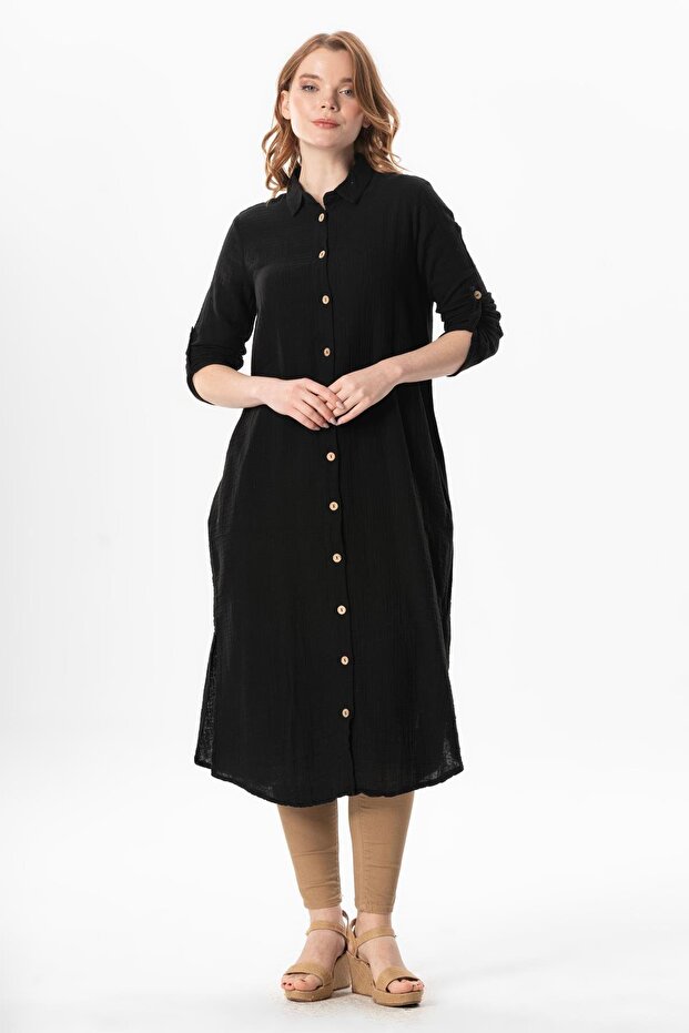 Long Sleeve Shirt Collar Hafsa Muslin Summer Tunic Black Syh