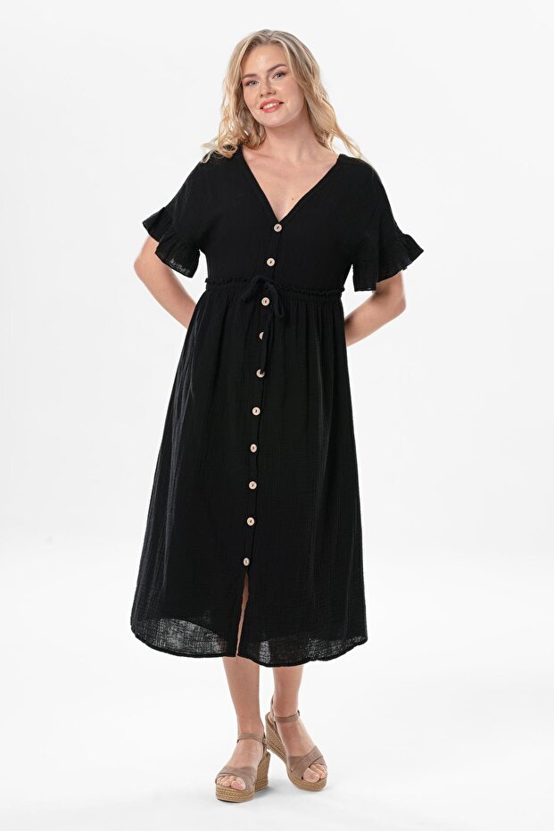 Short Sleeve Gathered Afra Midi Length Summer Muslin Dress Black Black