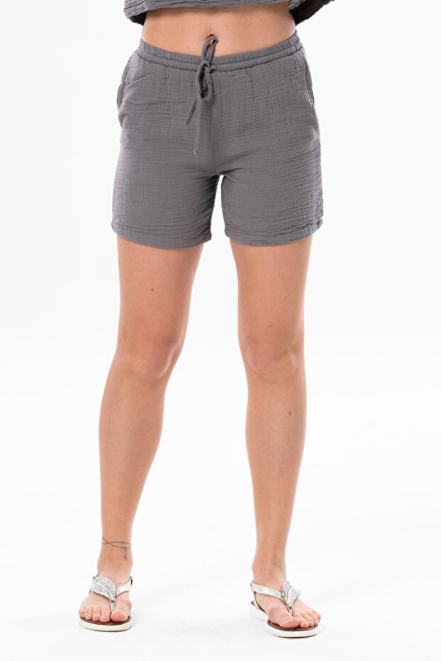 Pearl Tied Summer Muslin Shorts Gray Gray