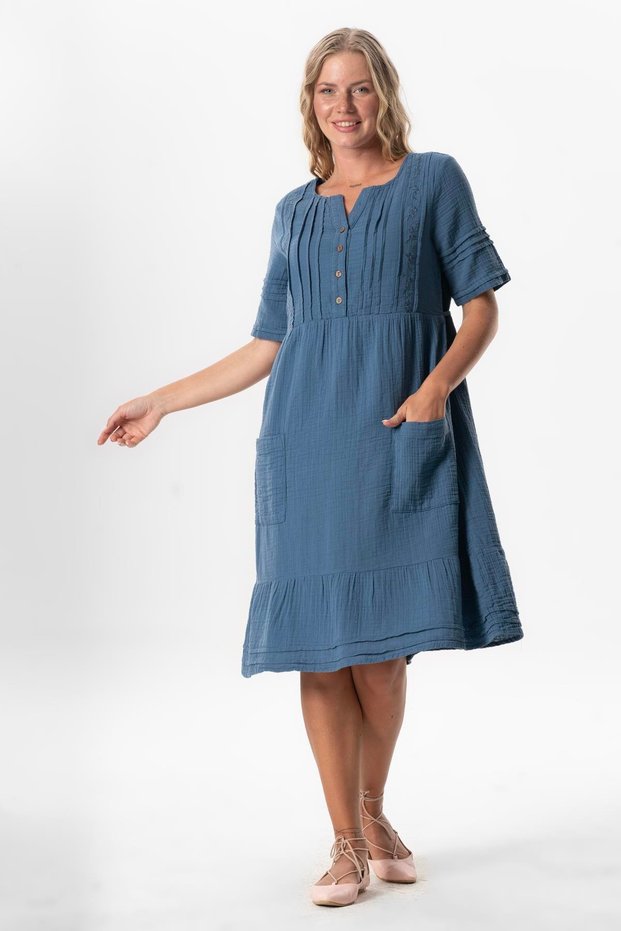 Short Sleeve Square Collar Dora Pocket Detailed Midi Length Muslin Summer Dress Indigo Indg