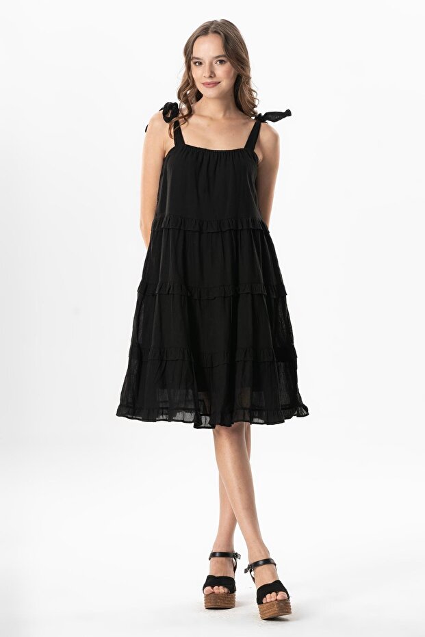 Strappy Voile Dubai Square Neck Short Summer Dress Black Syh