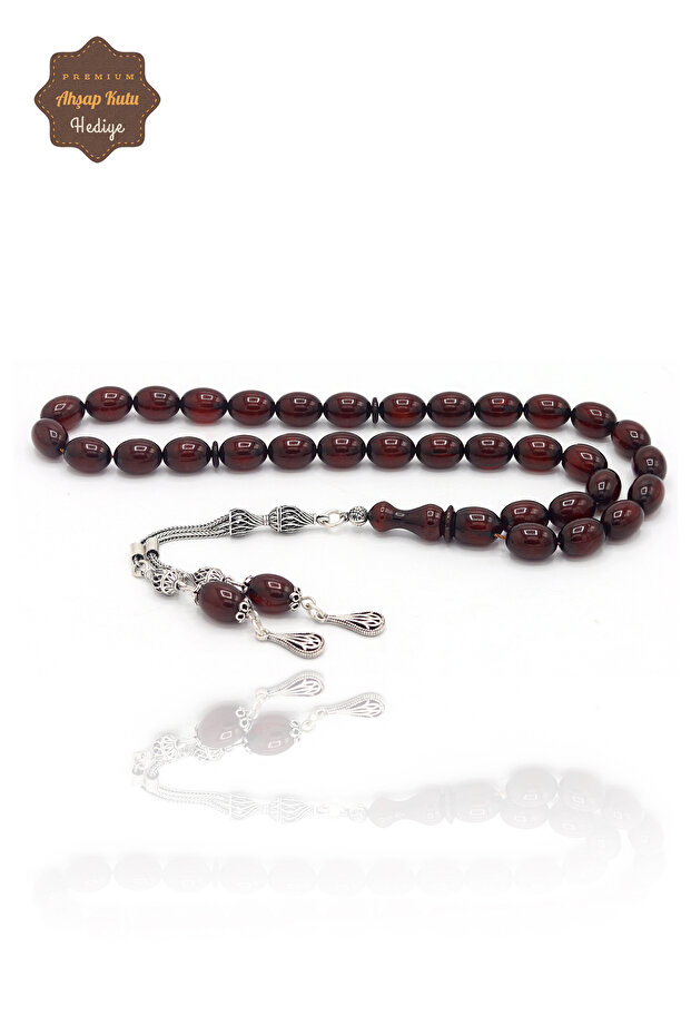 Burgundy Barley Cut Squeezing Amber Rosary with Brushed Silver Tassel 201023887