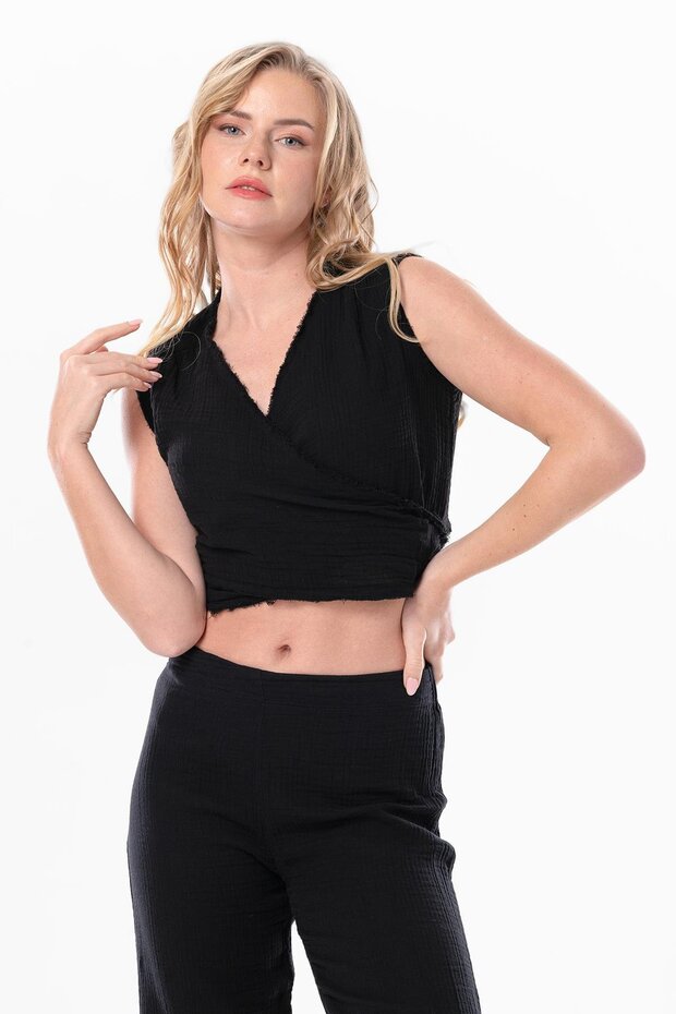Sleeveless Deren Waist Tied Summer Muslin Blouse Black Black