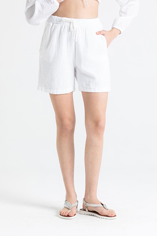 Pearl Tied Summer Muslin Shorts White Byz