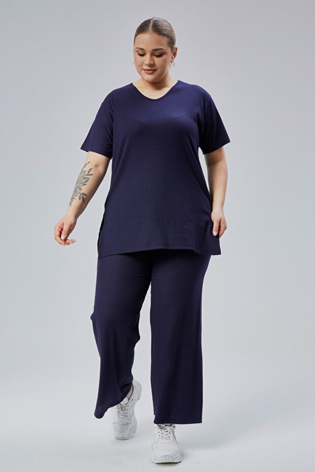 Large Size Side Slit Comfort Model Suit Tunic with Trousers 2-Piece Top and Bottom Set
