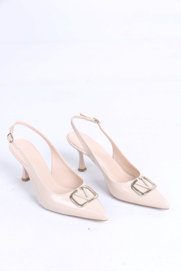 Javed Beige Patent Leather Heeled Women's Shoes