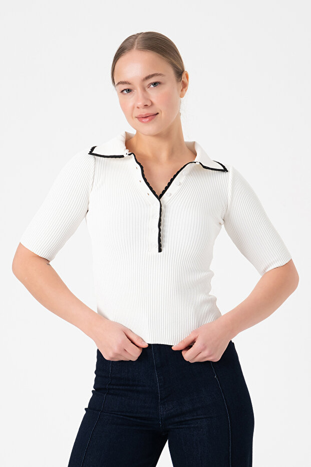 Polo Neck Short Sleeve White Knitwear T-Shirt