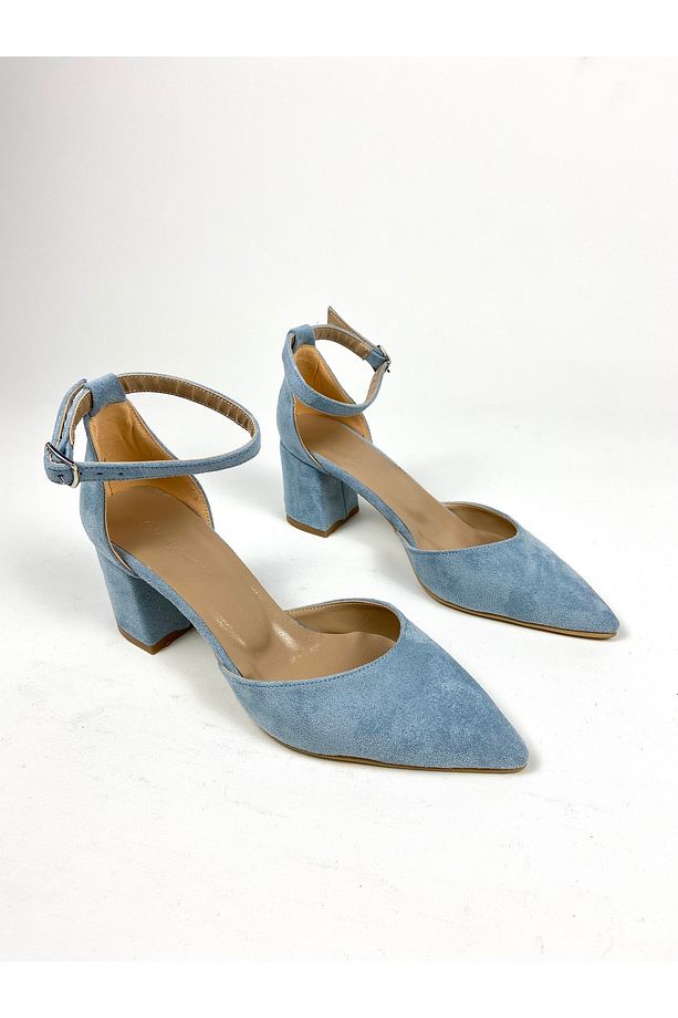 Bebe mavisi süet 6 cm kalın topuklu ayakkabı 01403 - 6