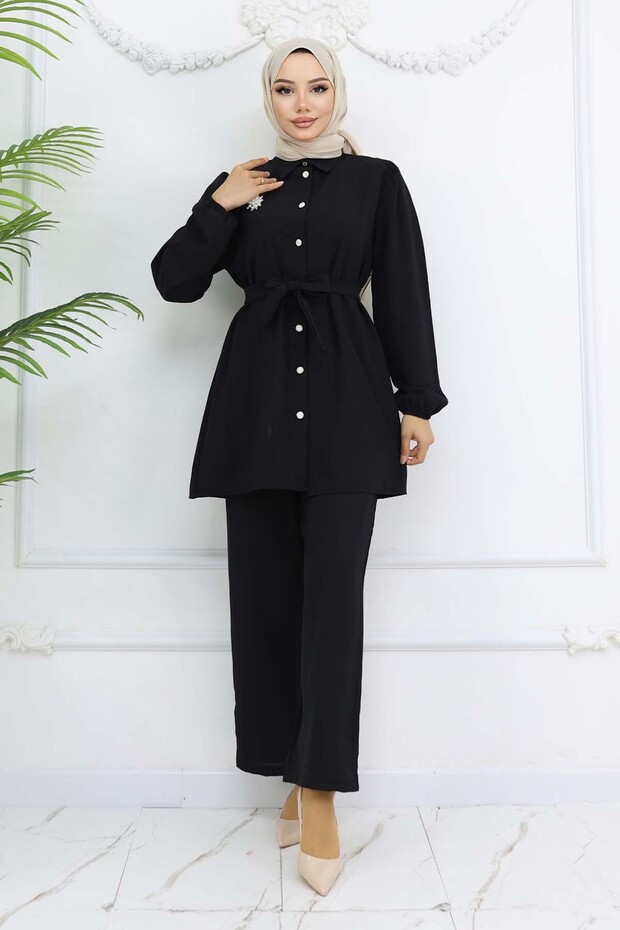 Belted Double Suit with Pearl Brooch Black 4768