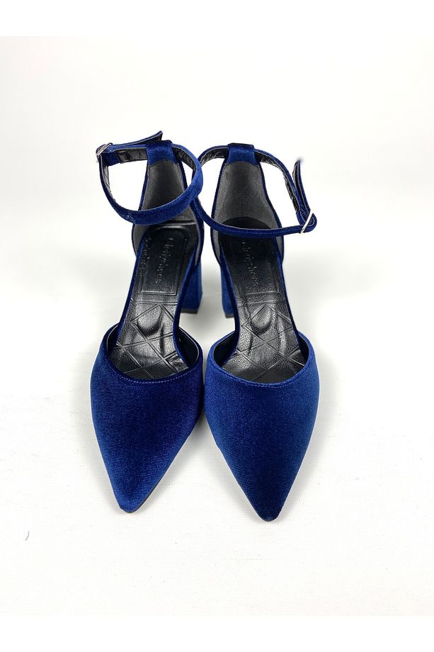Gece mavisi kadife 6 cm kalın topuklu ayakkabı 01403 - 7