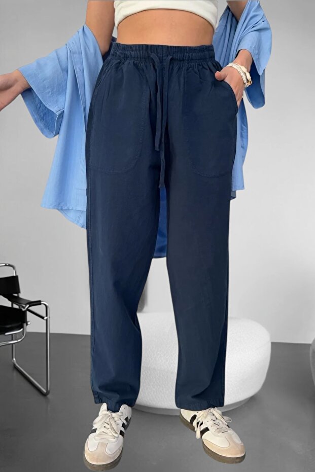 Linen Trousers Hambez Bottom Sweatpants Comfortable Fit Large Size Raw Linen Unisex Relaxed (Navy Blue)