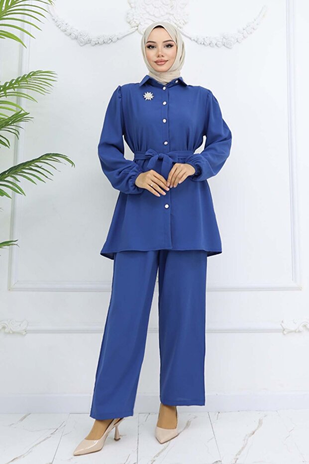 Belted Double Suit with Pearl Brooch Indigo 4768