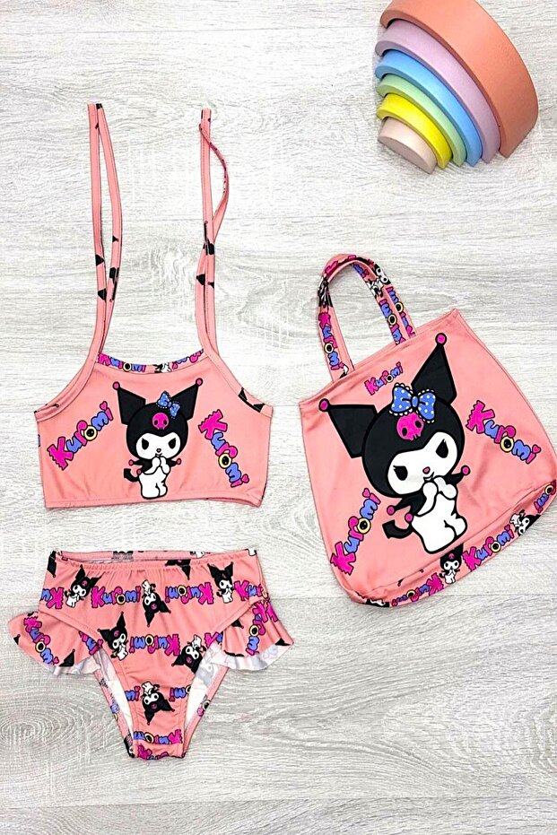 New Season Cartoon Character Patterned Girl's Bikini Set with Frill Bag Accessories (3 Pieces)
