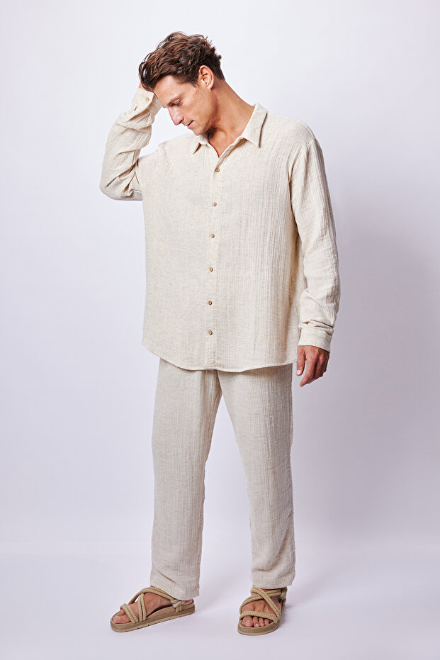 Bej Keten Oversize Gömlek - 5