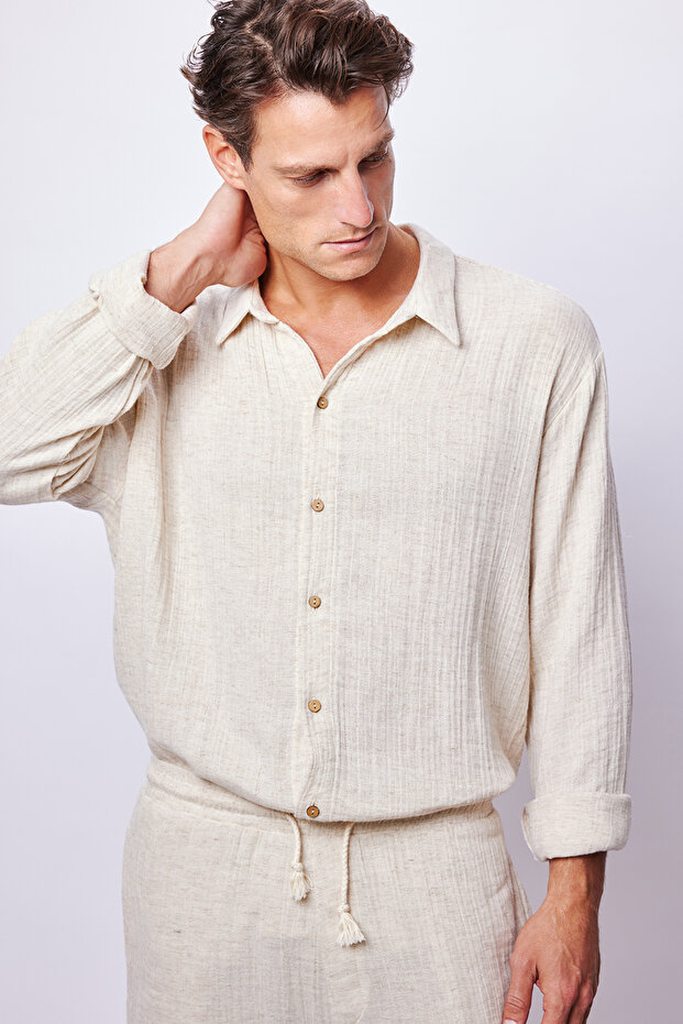 Bej Keten Oversize Gömlek - 2