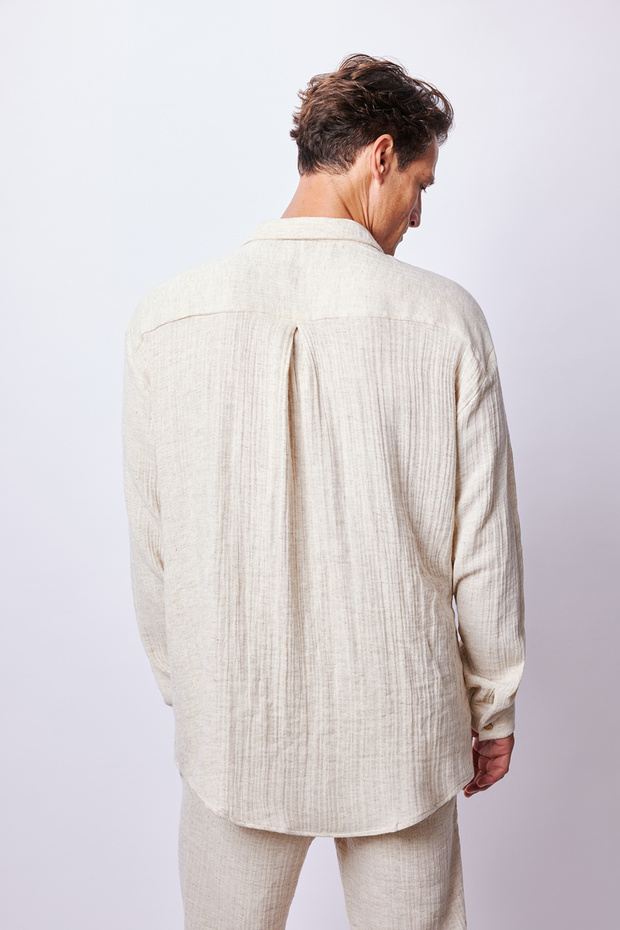 Bej Keten Oversize Gömlek - 3