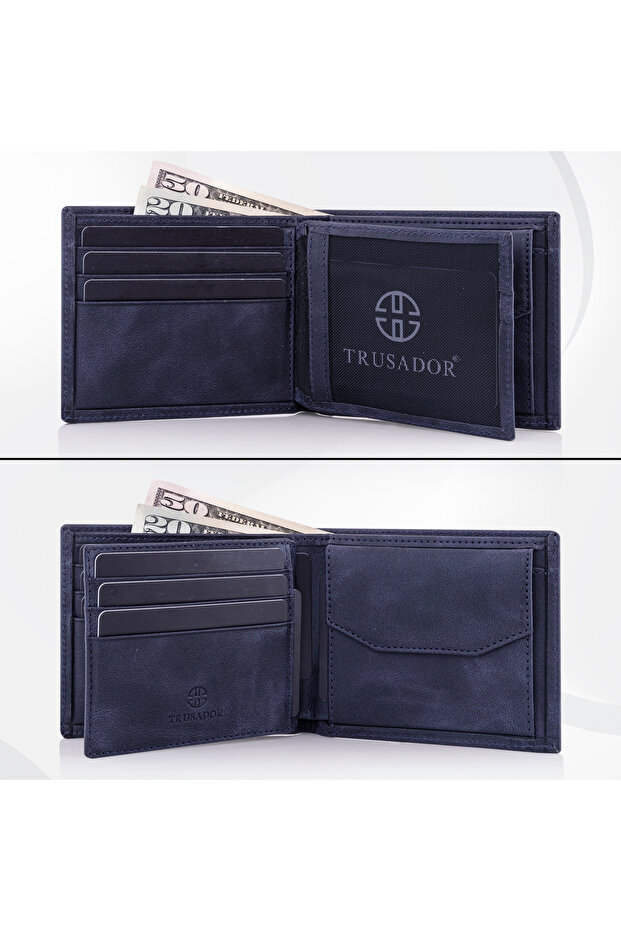 Treviso Classic Navy Blue Genuine Leather Men's Wallet with Coin Pocket Rfid Protection Gift