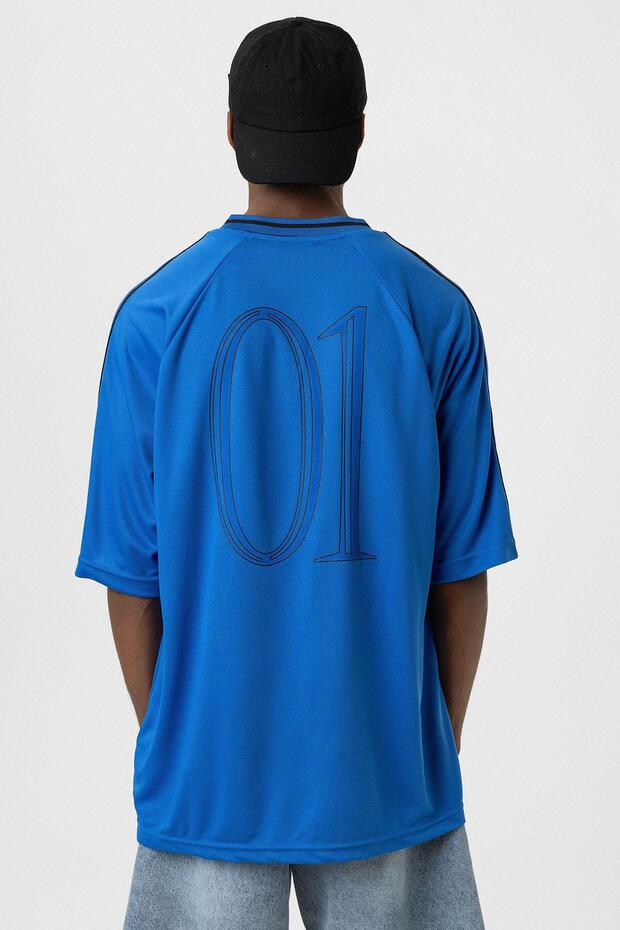 Baskılı Oversize Forma Tişört Saks - 5