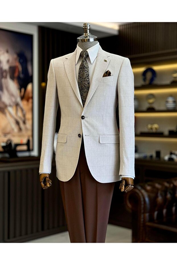 Italian Style Slim Fit Plaid Men's Jacket Beige T12546