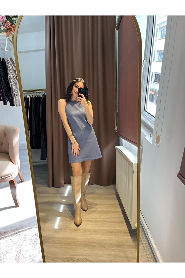 Halter Yaka Keten Mavi Elbise - 2