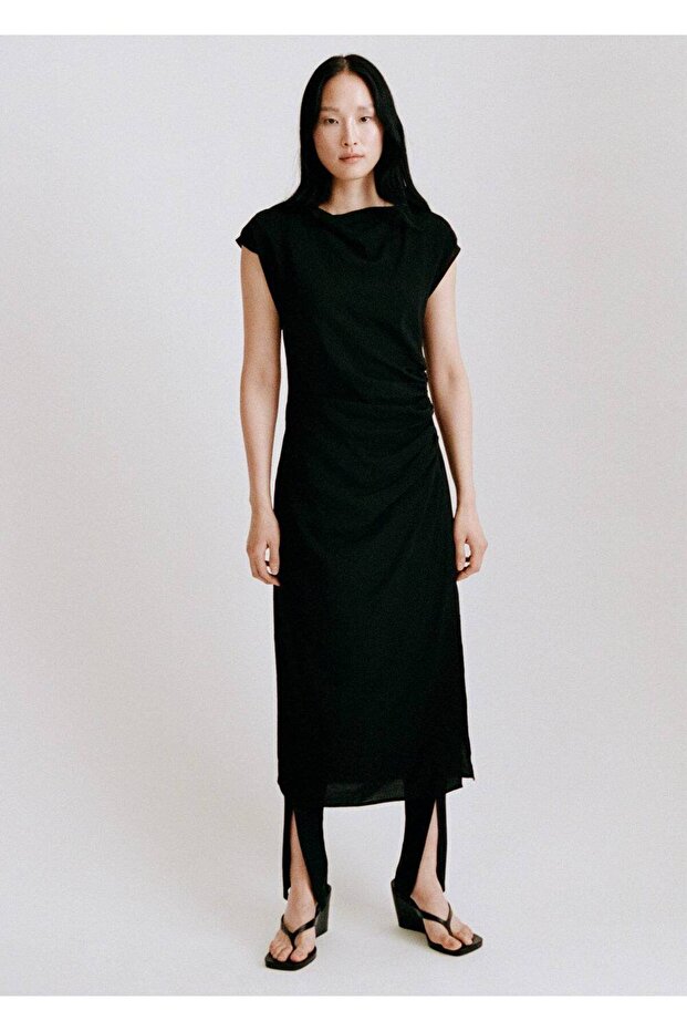 Drapeli düz elbise - 5