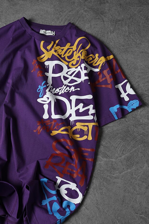 Erkek Mor Yan Baskılı Oversize Tshirt - 4