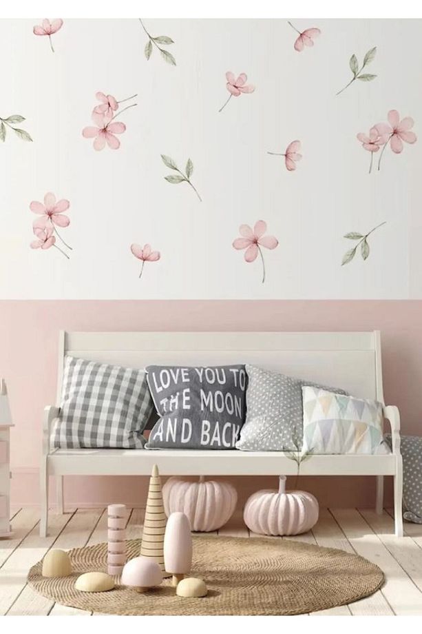 Pembe Çayır Çiçekleri Ve Yapraklar Duvar Sticker Seti - 2