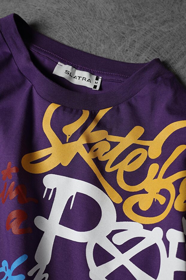 Erkek Mor Yan Baskılı Oversize Tshirt - 5