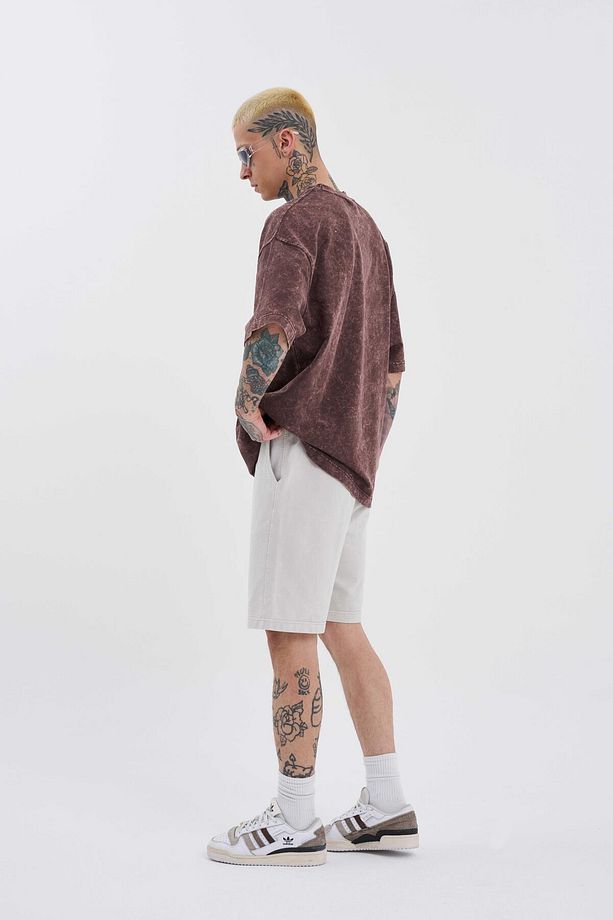 Erkek Luxury Basic Yıkamalı Relaxed Açık Bej Spotted Şort - 5