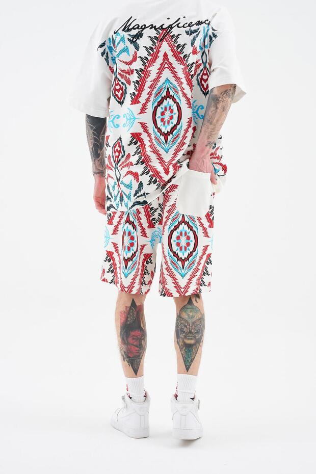 Men's Ethnic Printed and Embroidered Ecru Shorts