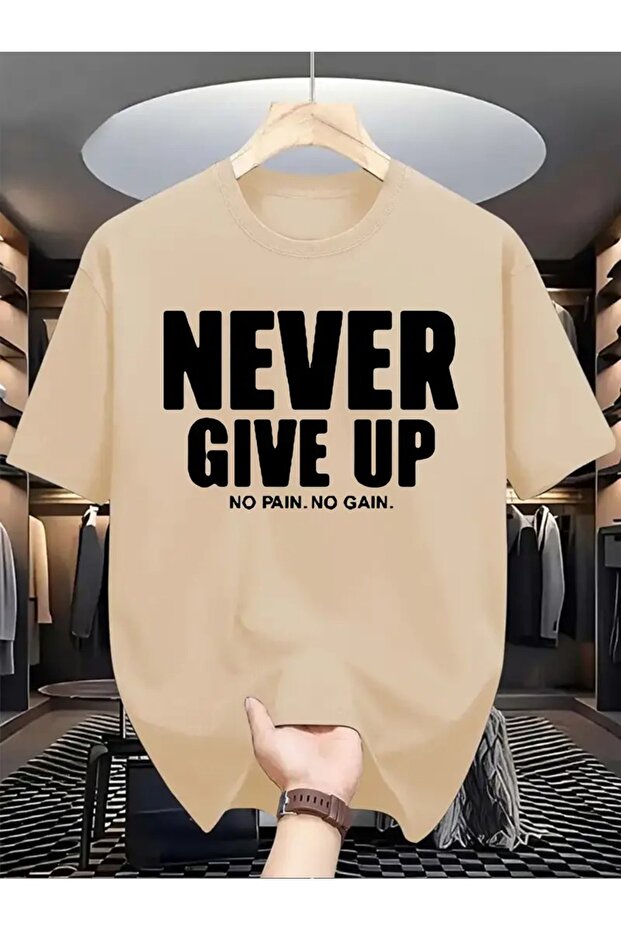 Men T-Shirt "Never Give Up" Print, Knitted Fabric, , Regular Size, Summer Short Sleeve Casual Wear
