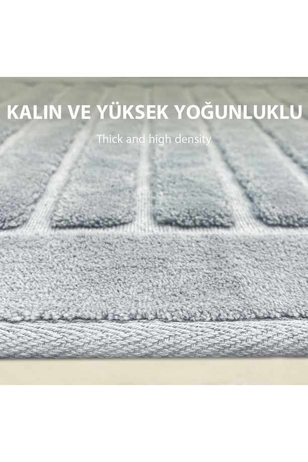 Line Köşeli Gri 2'li Pamuklu Banyo Halısı Paspası Seti Klozet Takımı - 4