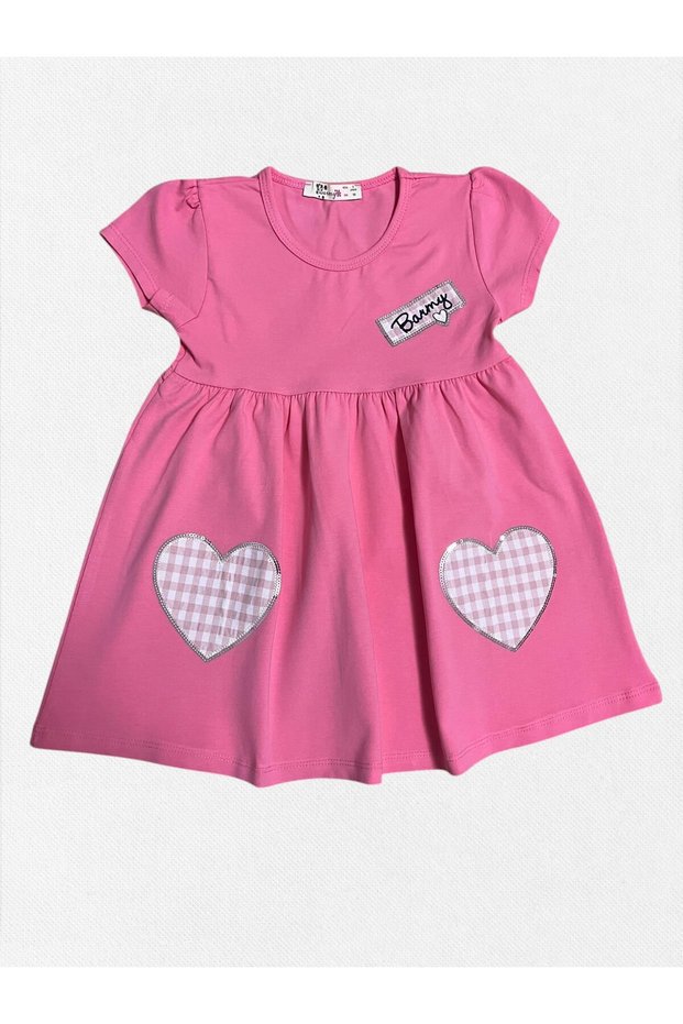 Girl's Pink Color Dress with Plaid Heart Embroidery Suitable for Eid and Daily Use