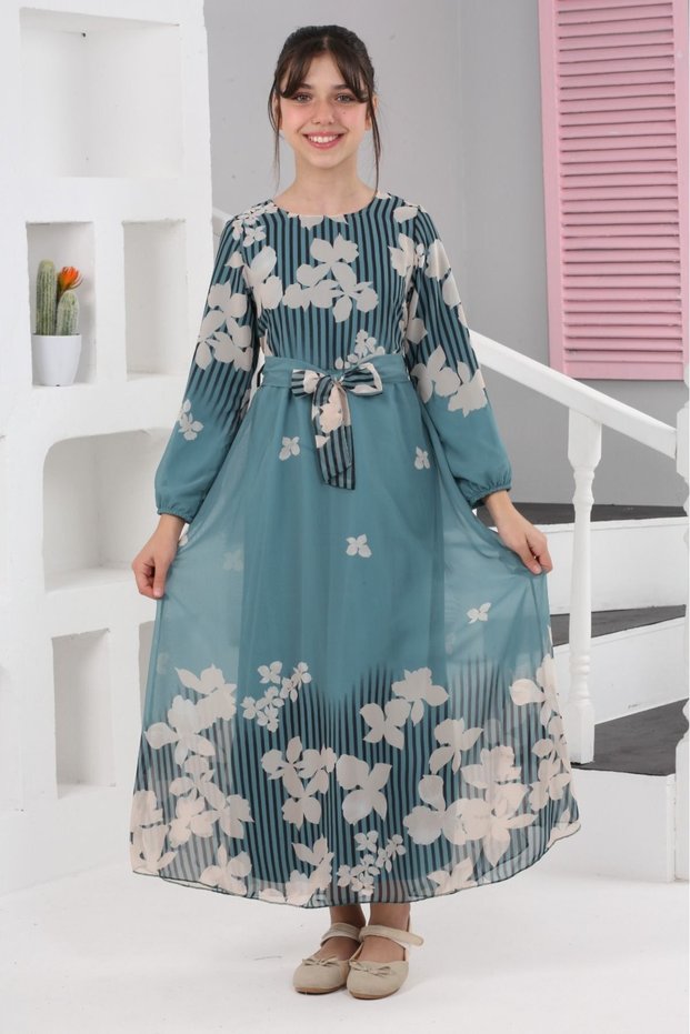 Girls' Floral Print Chiffon Dress – Long, Lined, Modest Dress
