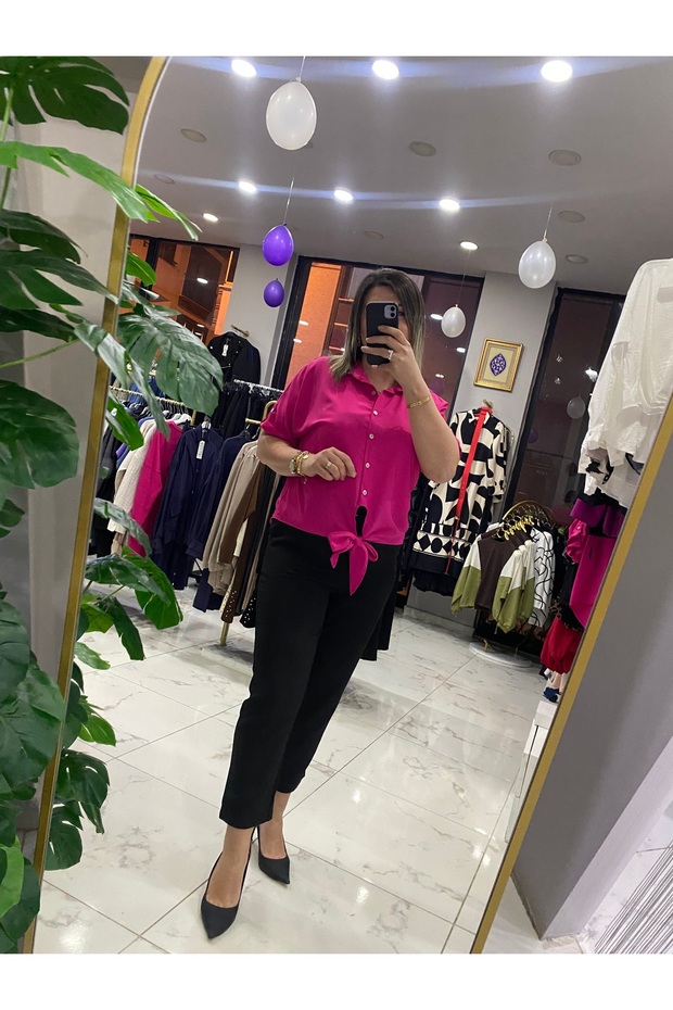 Önden bağlamalı Krep gömlek - 6