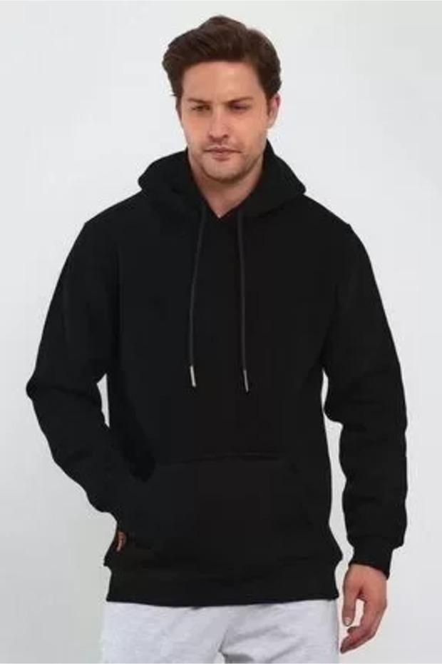 سويت شيرت رجالي بغطاء للرأس وأكمام طويلة - أسود