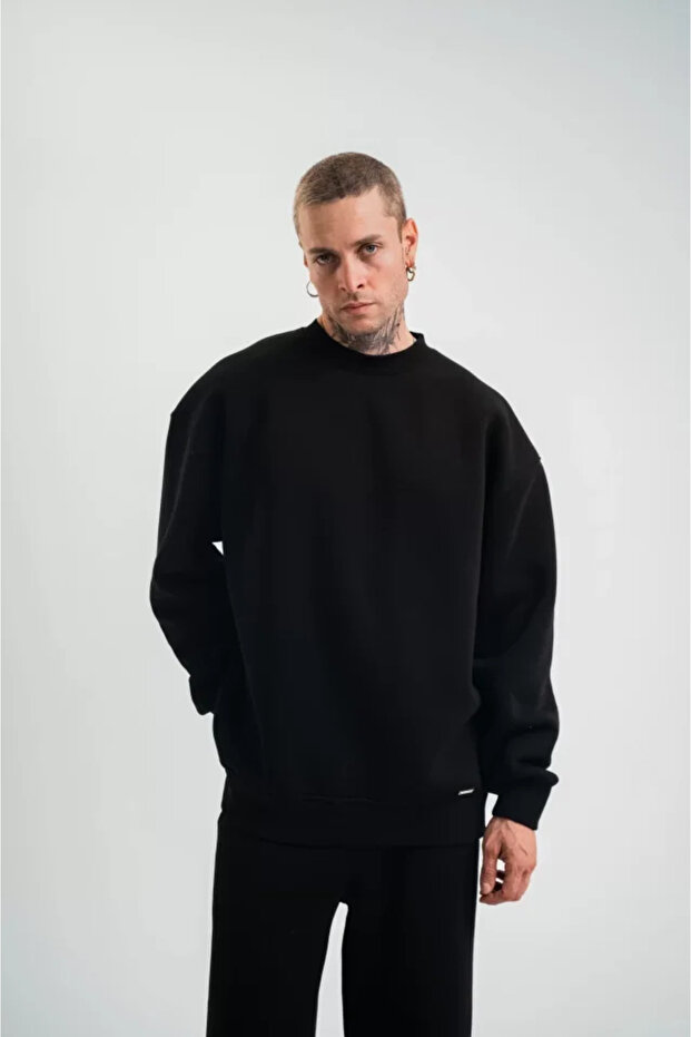 Long Sleeve Crew Neck Basic Sweatshirt - Black - 2