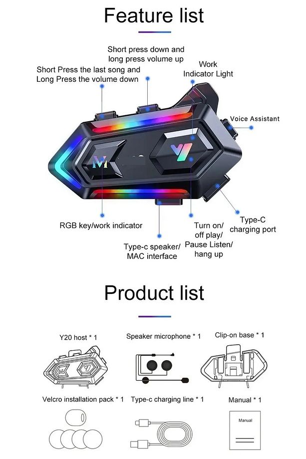 V20 Motosiklet Intercom Bluetooth Kask İnterkom Stereo Ses, Gürültü Azaltma, RGB Renkli Işıklı - 3