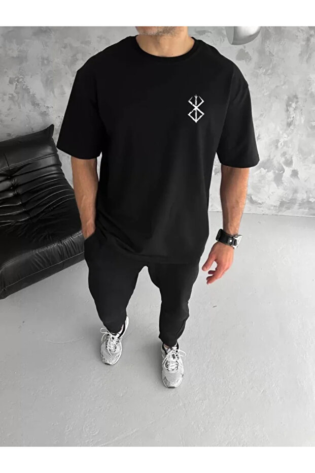 Unisex Crew Neck Printed Oversize T-Shirt - Black