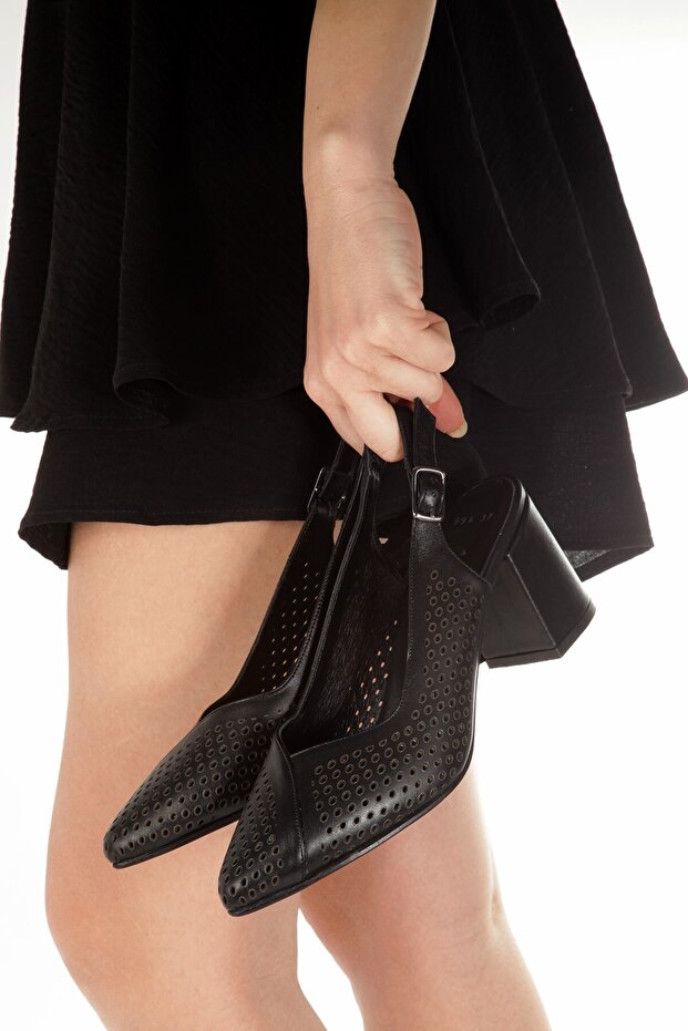 Kenti Black Genuine Leather Stiletto Thick Heeled Summer Perforated Shoes