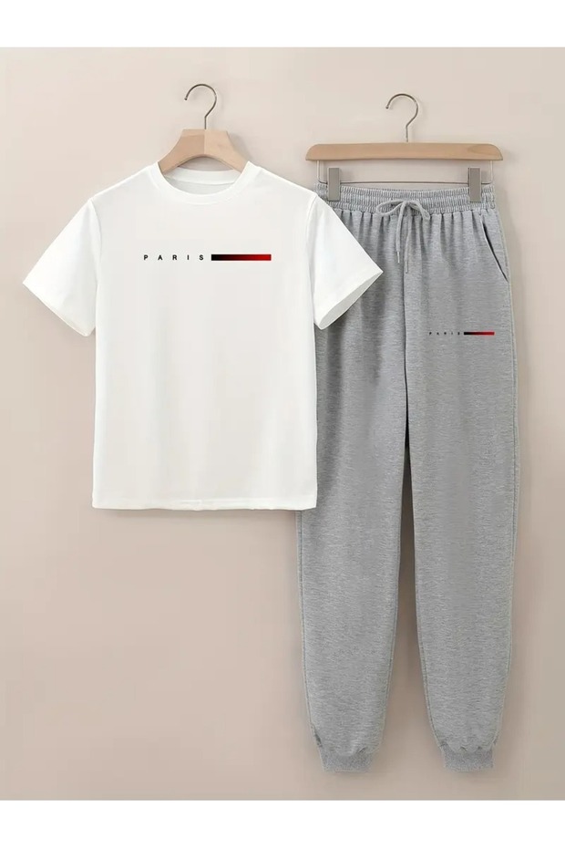 Paris Letter Drawing Printed Two-Piece Set for Men New Summer Trend for Young People Short Sleeve