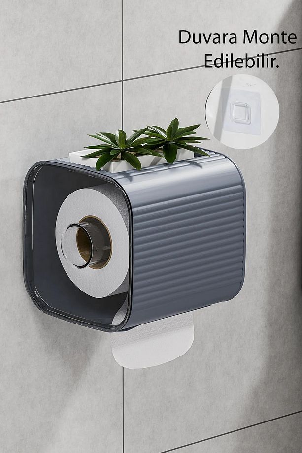 Gri  Yapışkanlı Banyo Tuvalet Kağıtlığı - Wc Peçetelik, Kağıtlık Tutucu  Kağıtlık Organizeri - 1